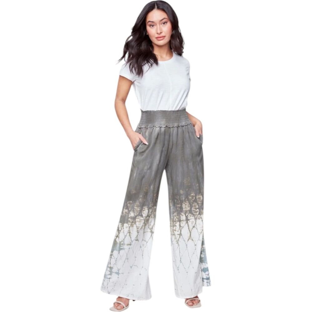 NWT Charlie B Collection Blue White Smocked Flowy Palazzo Pants Women’s XS